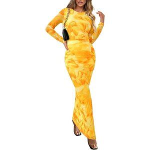 PRETTYGARDEN Women's Bodycon Yellow Big Floral Long Sleeve Maxi Dress